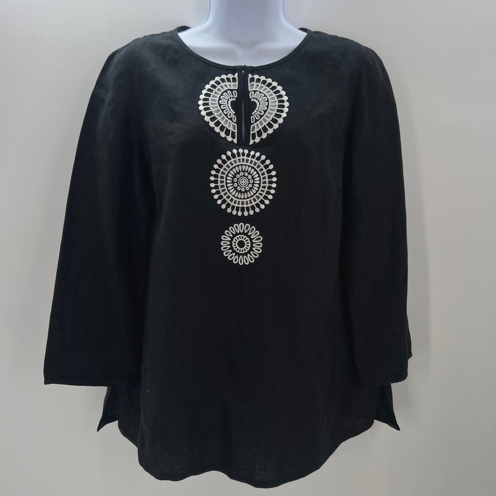Linda Allard‎ Ellen Tracy Black Linen Tunic Top Size 4 Embroidered Boho Keyhole
